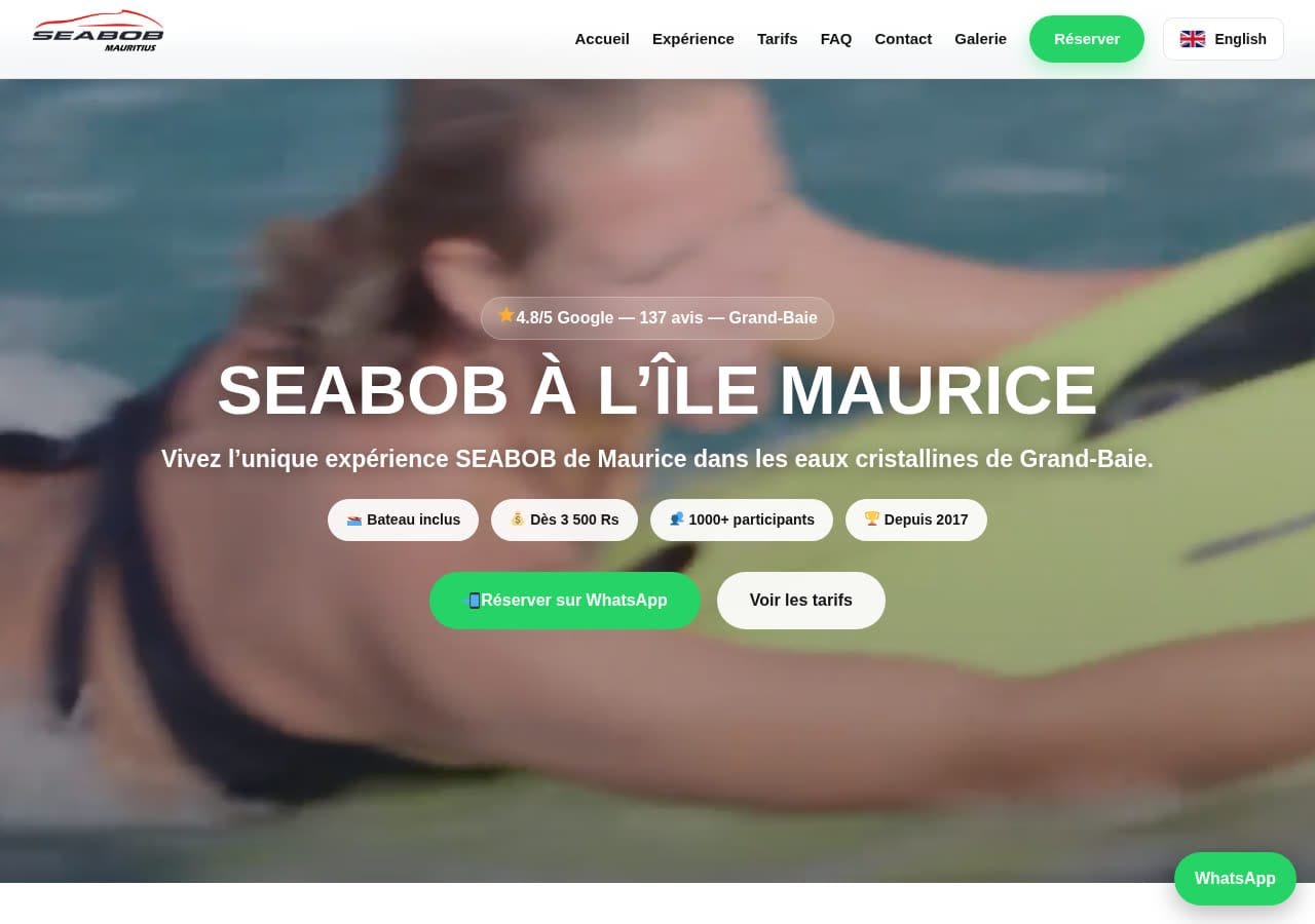 Aperçu du site Seabob Mauritius — Excursions scooter sous-marin